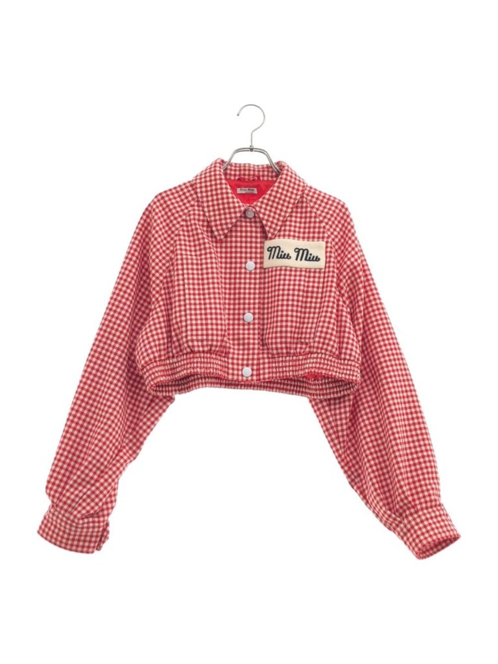 Miu Miu Wool Patch Logo Gingham Check Cropped Jacket Red Ivory 38